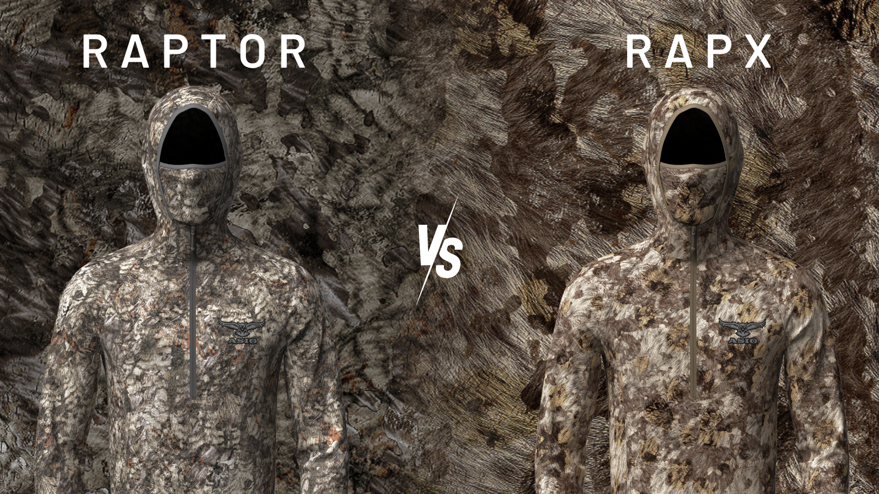Side-by-side comparison of ASIO Gear's RAPTOR camo and RAPX camo hooded hunting tops, showcasing the difference in pattern design and background textures for treestand vs. ground versatility.