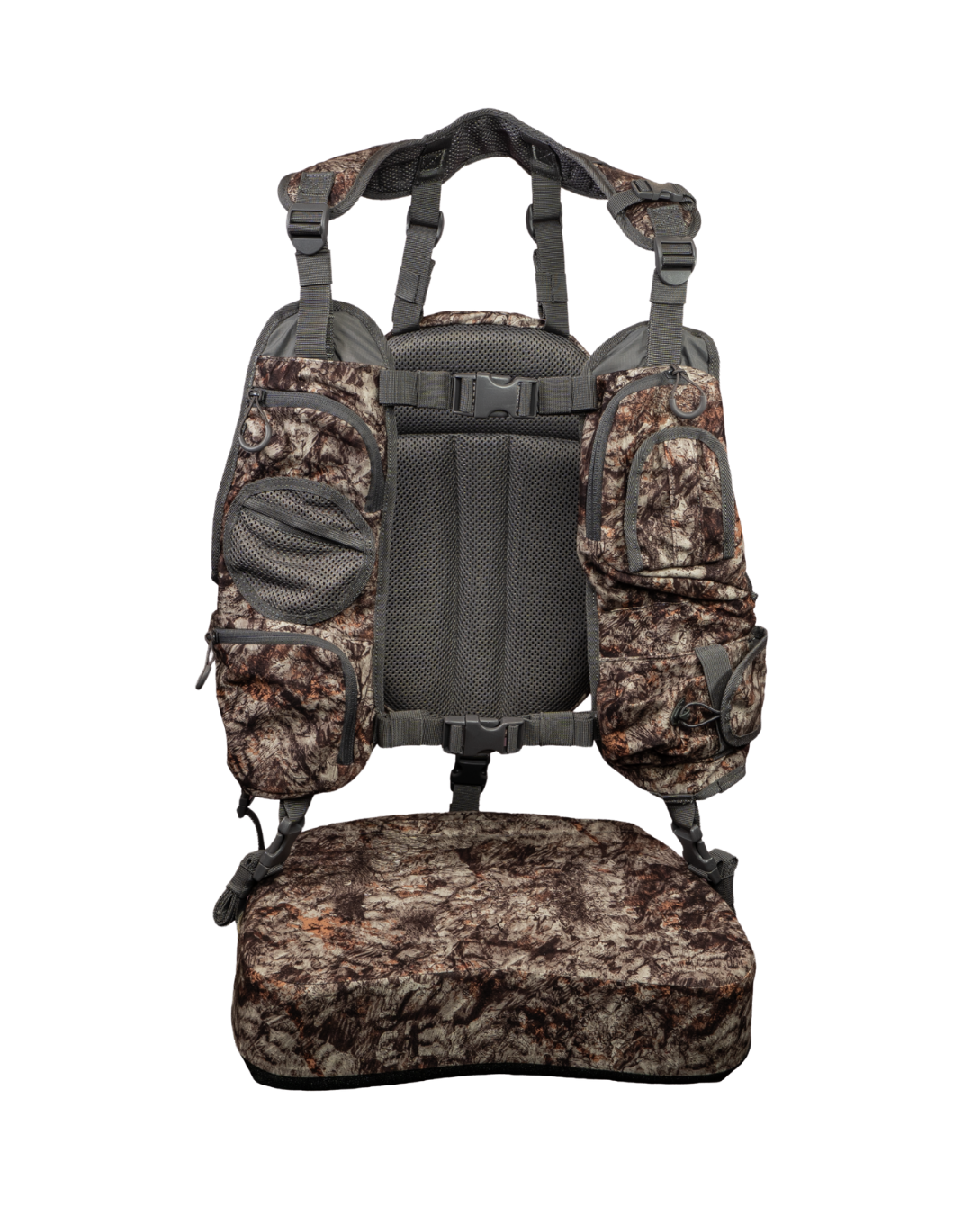 ASIO Gear Limited Edition Turkey Vest in RAPTOR camo – front view showing seat cushion and storage pockets