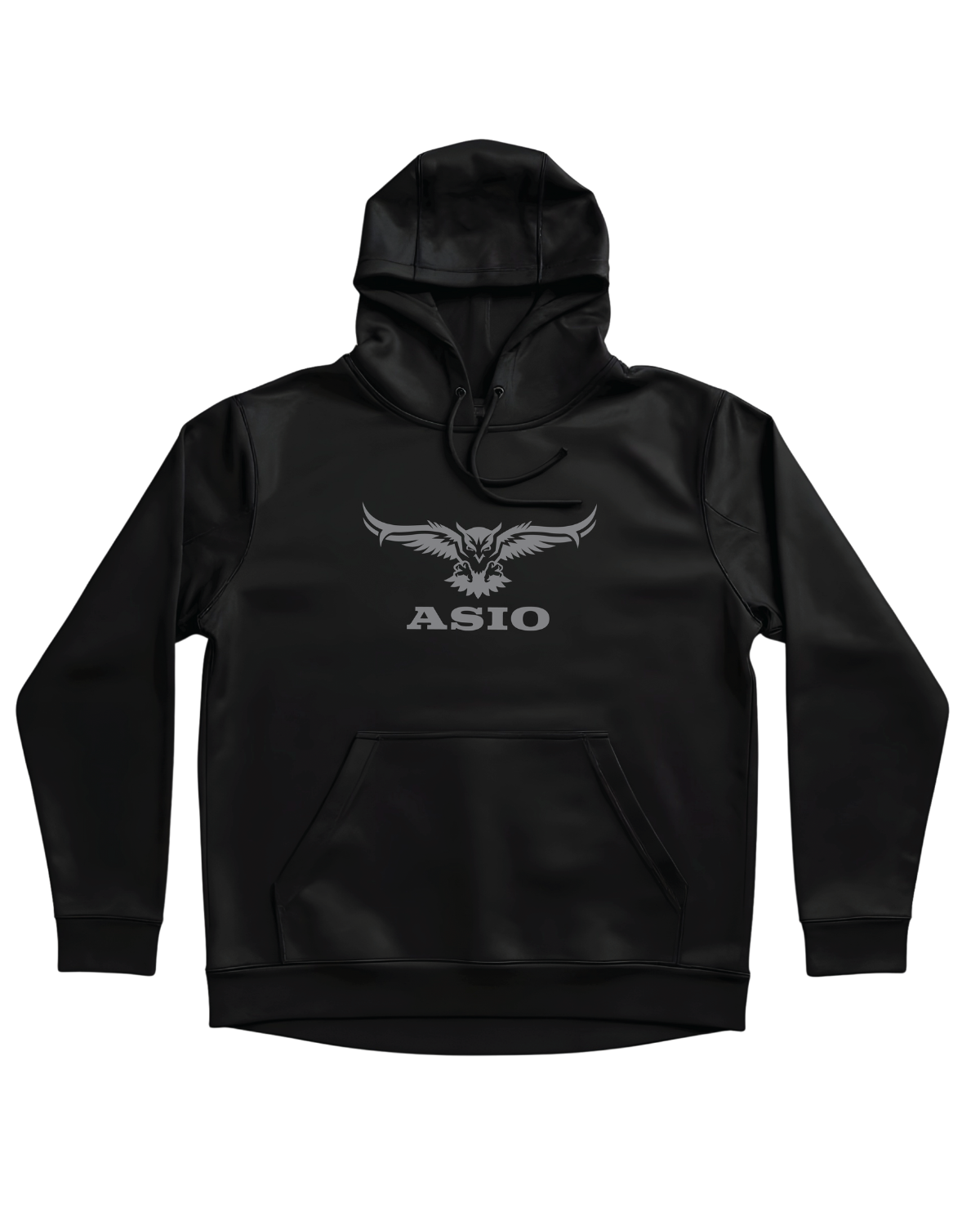 ASIO Gear black performance hoodie with tonal owl logo on chest