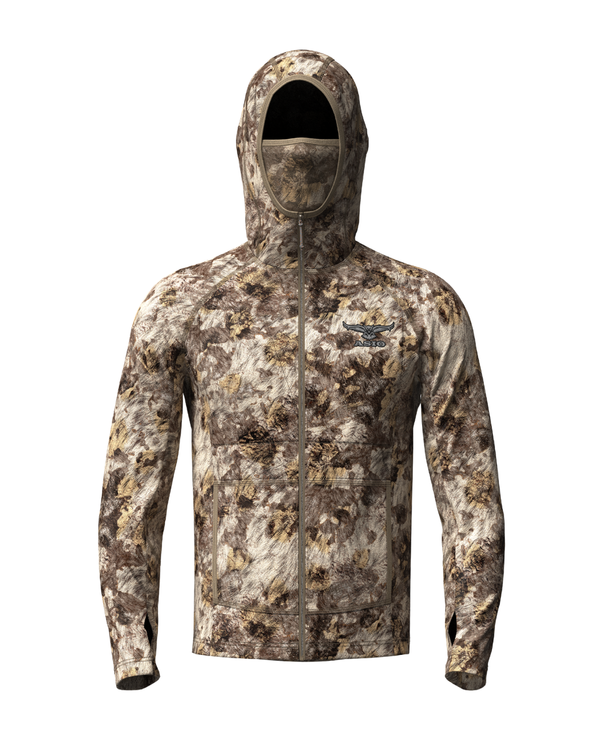 ASIO Gear hybrid hooded softshell jacket in RAPX camo for bowhunters needing breathable weather protection in diverse terrain