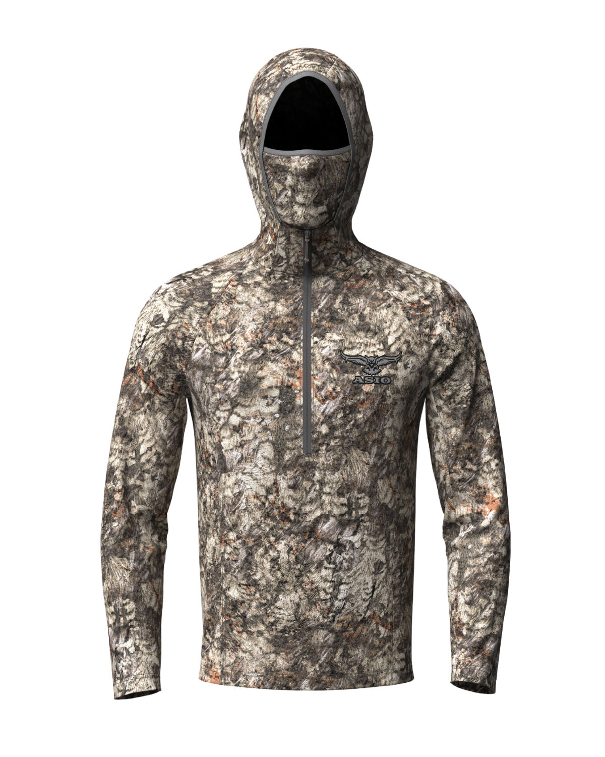 ASIO Gear lightweight hoodie in RAPTOR camo with built-in face mask and thumbholes, designed for stealthy early season hunts from the treestand