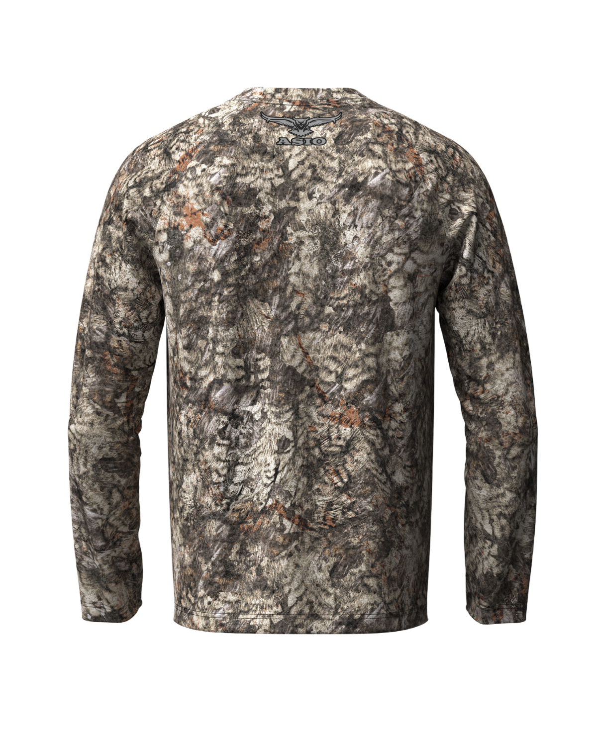 Back view of ASIO Gear RAPTOR camo lightweight long sleeve performance hunting shirt for whitetail hunters