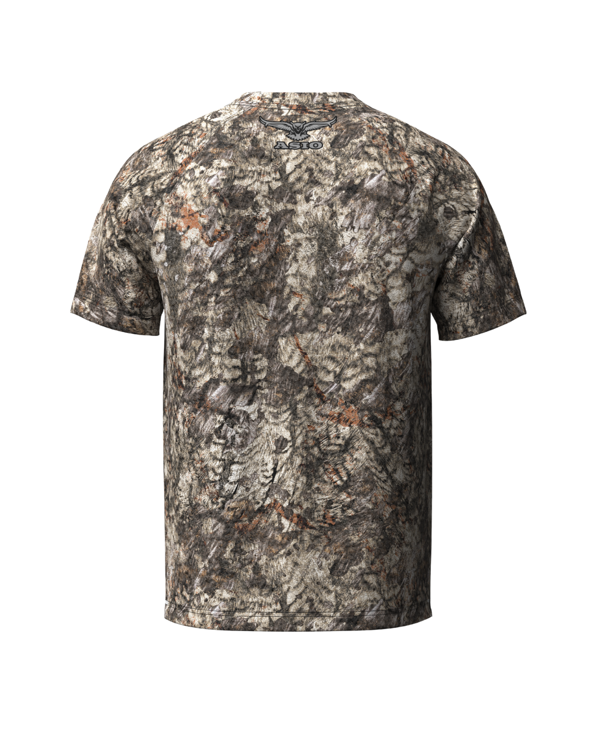 Back view of RAPTOR camo short sleeve hunting shirt designed for warm-weather whitetail setups