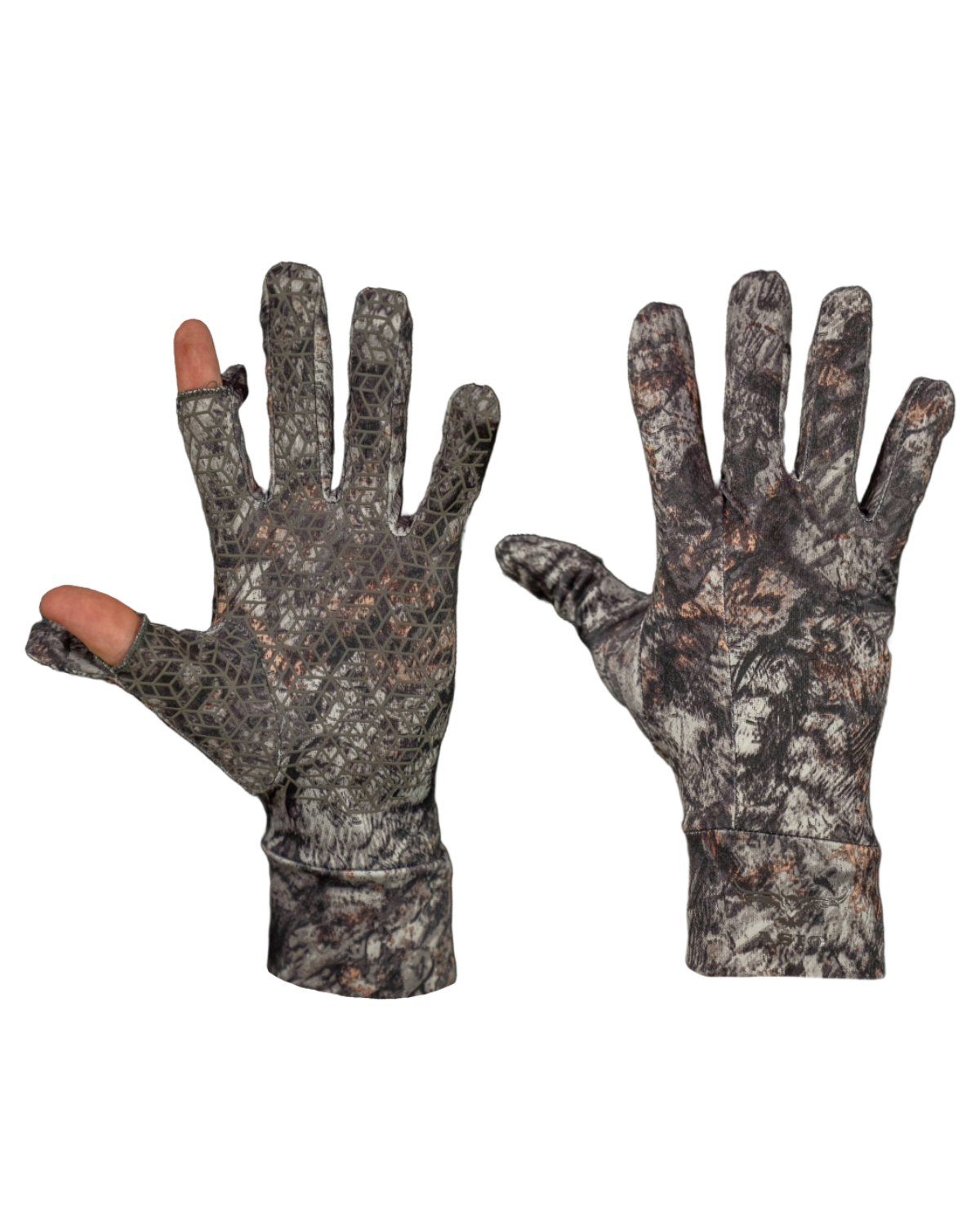 ASIO Gear lightweight stretch bowhunting glove in RAPTOR camo – breathable early season hunting glove with exposed thumb and forefinger tips, silicone grip palm, and precision fit for enhanced feel, dexterity, and stealth in warm weather treestand or ground setups.