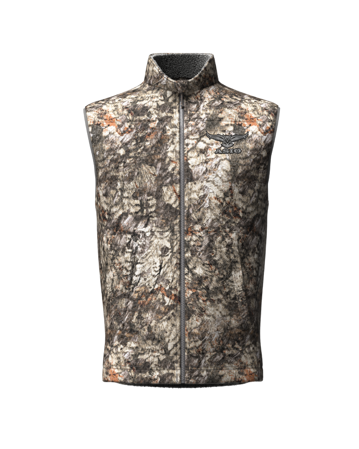ASIO Gear midweight sherpa vest in Raptor camo with high-pile fleece interior, designed for bowhunters seeking silent warmth and concealment during mid-season hunts.