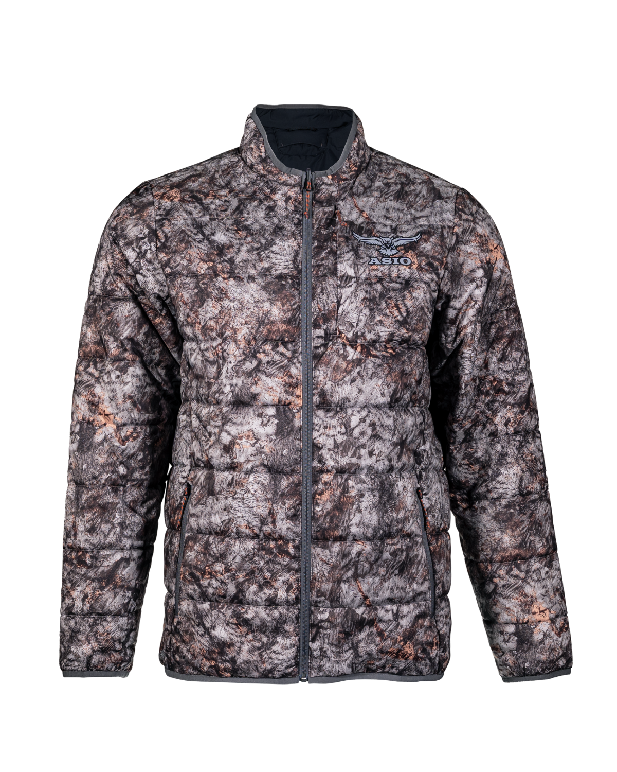 Front view of the ASIO Midweight Puffy Jacket in Raptor Camo