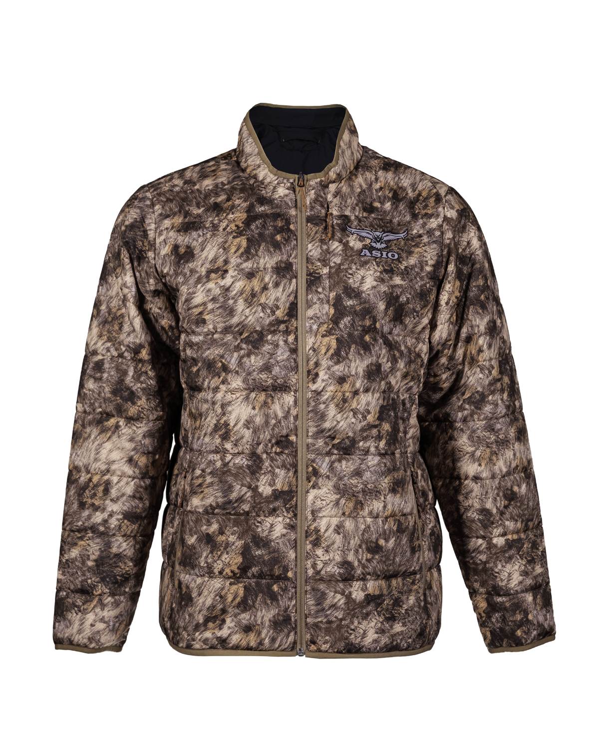 Front view of the ASIO Midweight Puffy Jacket in RAPX Camo