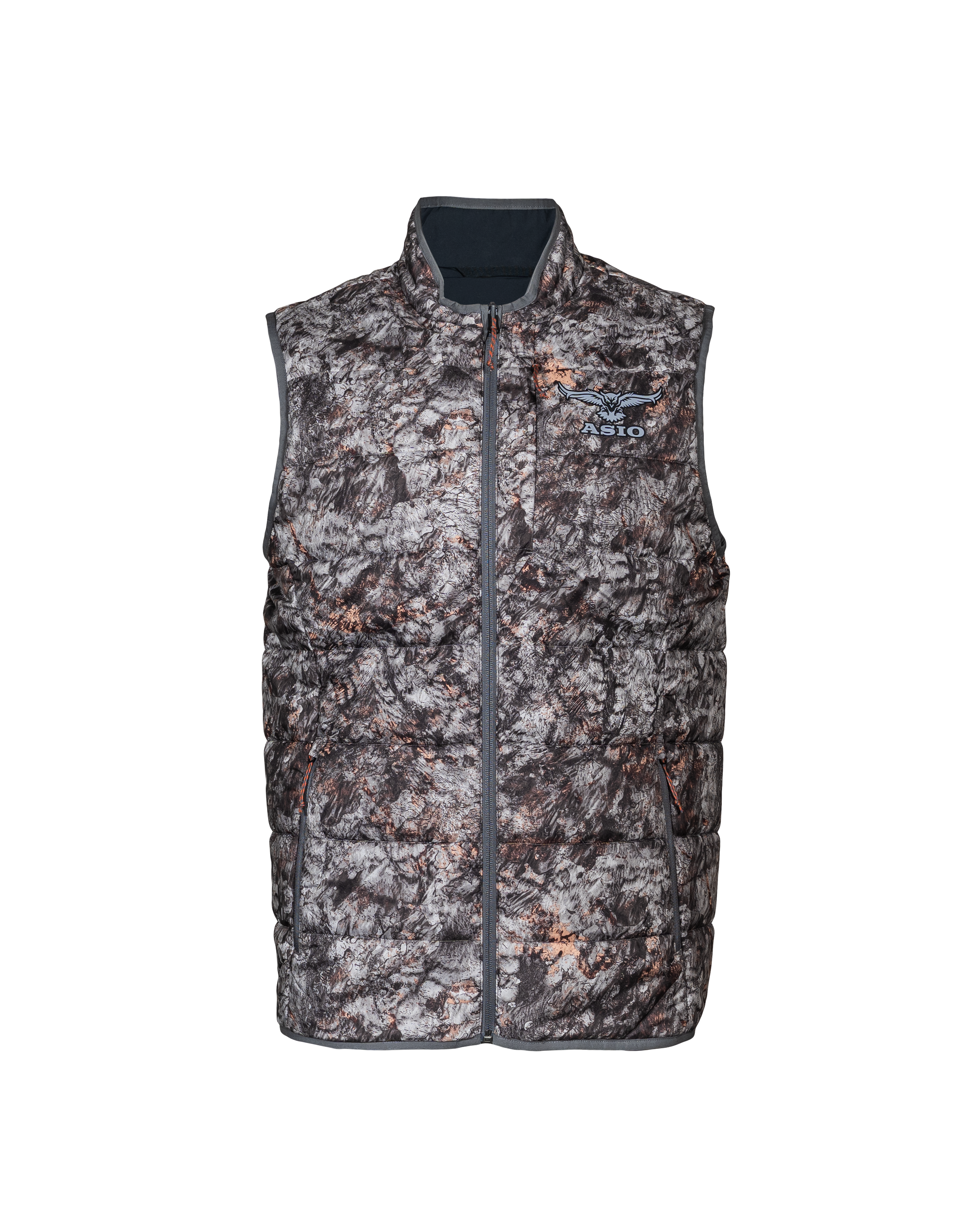 Front view of the ASIO Midweight Puffy Vest in Raptor Camo