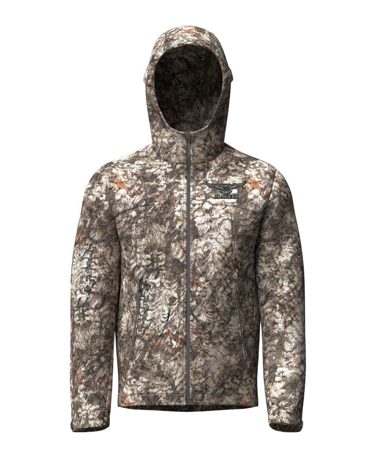 asio gear raptor camo waterproof rain jacket for bowhunters hunting from a treestand. features a brushed outer fabric to dampen sound.