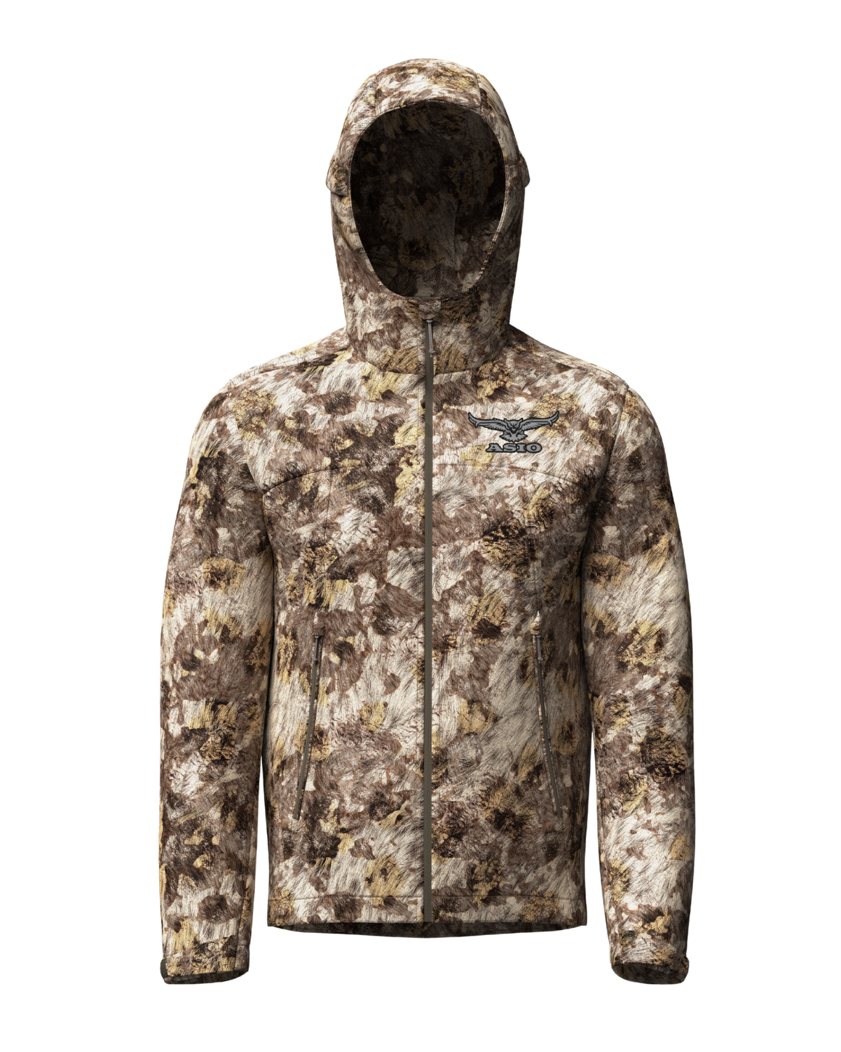 asio gear rapx camo waterproof rain jacket for bowhunters hunting from a treestand. features a brushed outer fabric to dampen sound.