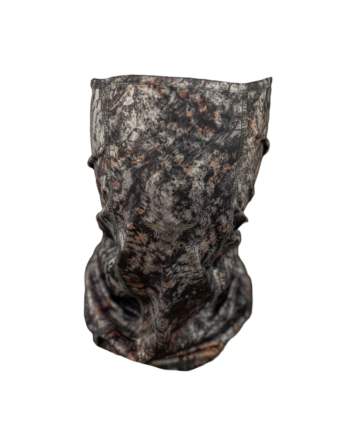 ASIO Gear breathable lightweight face gaiter in RAPTOR camo – soft, quick-drying camo hunting mask with ventilation holes and full face coverage for scent suppression and comfort during early season whitetail bowhunts.