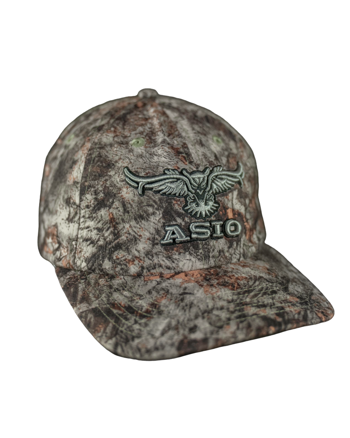 ASIO Gear lightweight bowhunting hat in Raptor camo – fitted low-profile hunting cap with moisture-wicking fabric, structured bill, and embroidered logo, designed for stealth and comfort in early to mid-season treestand and ground setups.