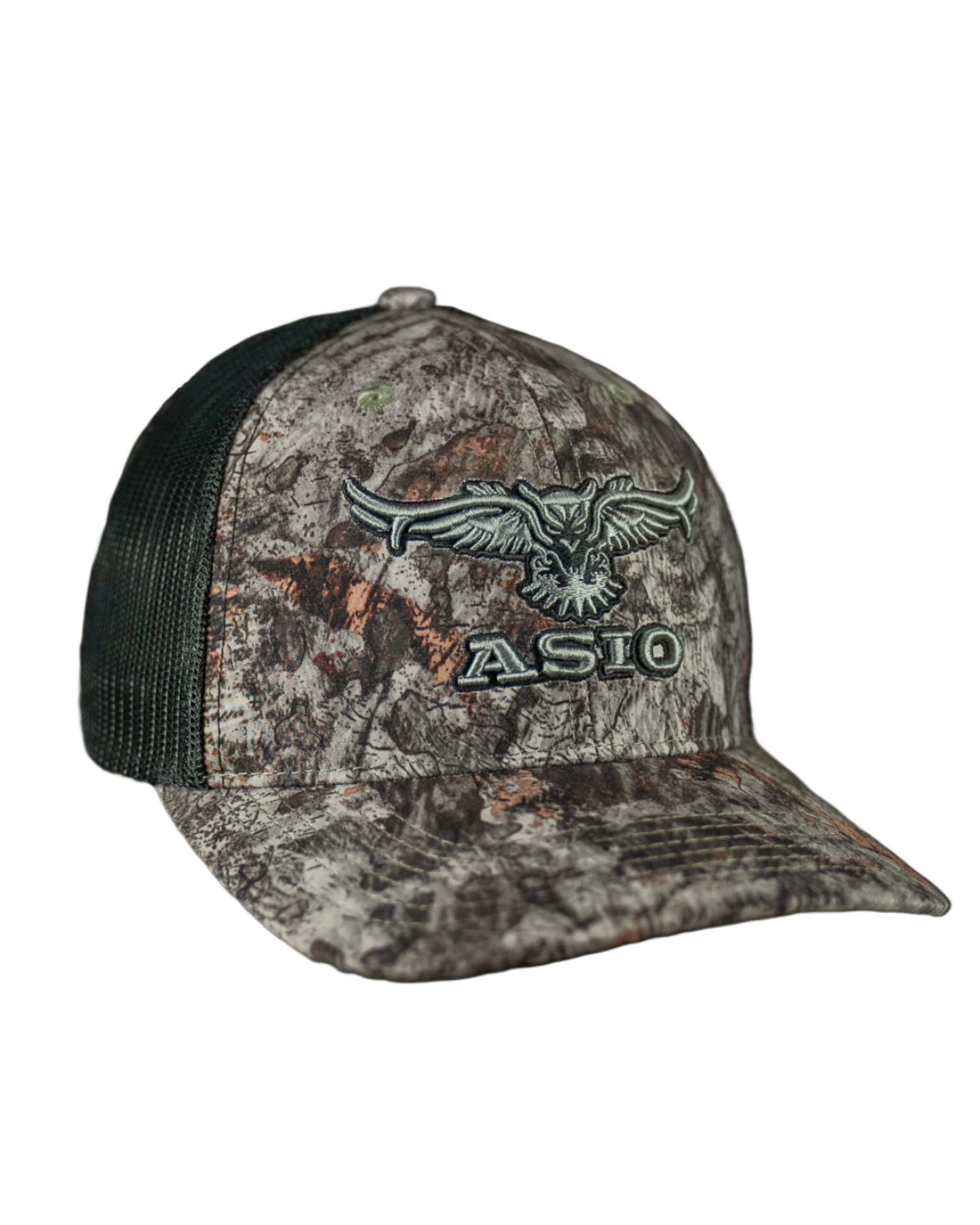 ASIO Gear raptor camo trucker-style bowhunting hat – breathable mesh-back camo cap with structured front, curved brim, and embroidered ASIO logo, ideal for casual wear or early season hunts with ventilation and predator-inspired concealment.