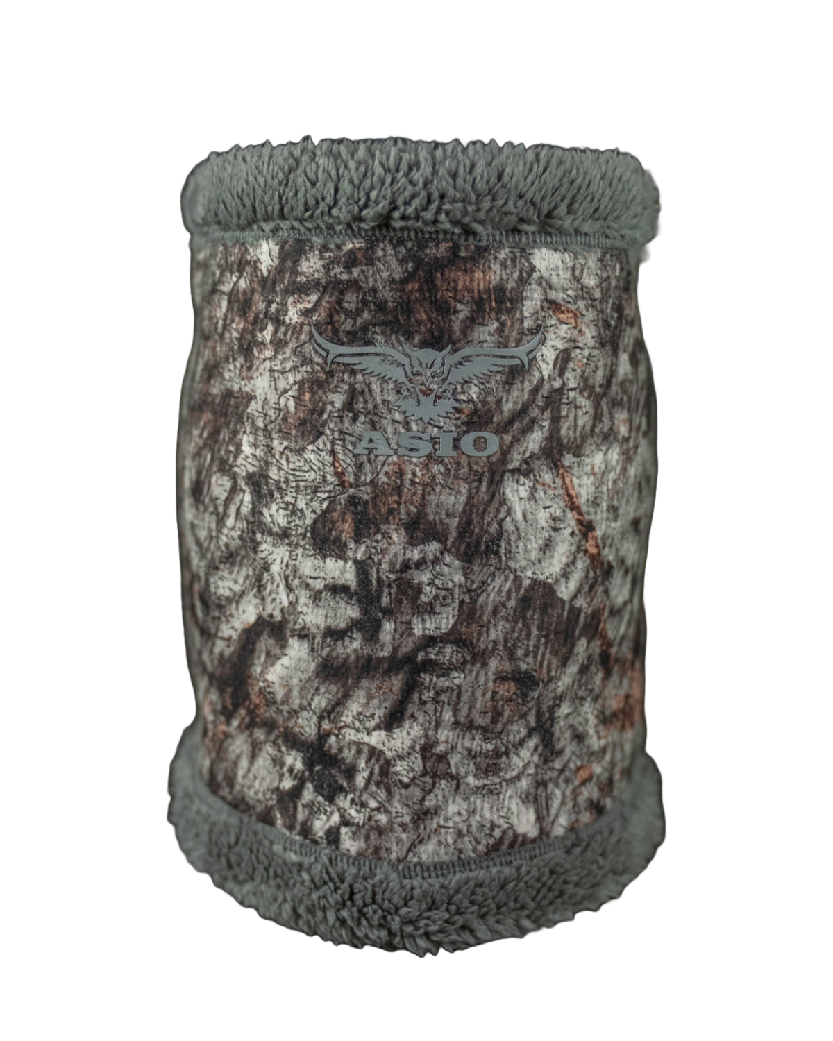 ASIO Gear windproof sherpa fleece neck gaiter in Raptor camo – ultra-soft thermal hunting neck warmer with silent brushed outer fabric and moisture-wicking inner liner, engineered for cold weather concealment and comfort during bowhunting in late season treestand or ground setups.