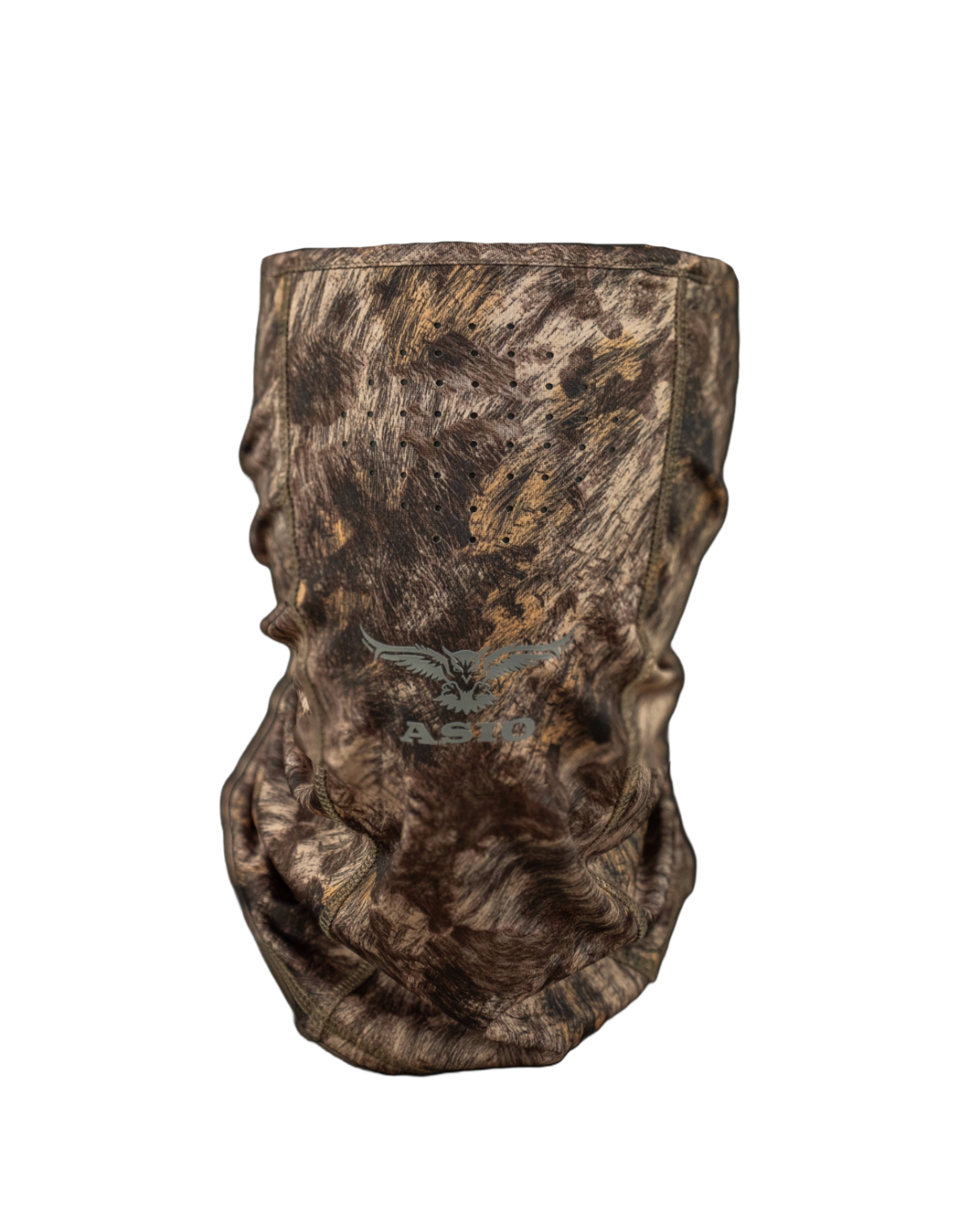 ASIO Gear breathable lightweight face gaiter in RAPX camo – ultra-quiet, moisture-wicking hunting face covering with laser-cut ventilation, designed for stealth, scent control, and concealment during early to mid-season bowhunting in ground or treestand setups.