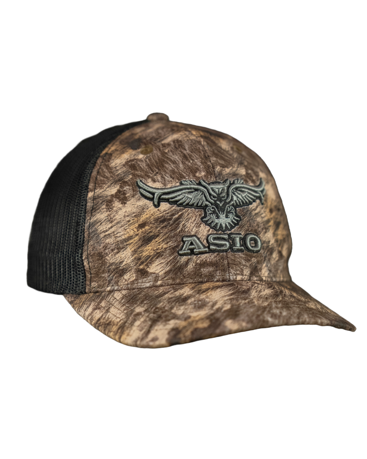 ASIO Gear RAPX camo trucker-style bowhunting hat – breathable mesh-back camo cap with structured front, curved brim, and embroidered ASIO logo, ideal for casual wear or early season hunts with ventilation and predator-inspired concealment.