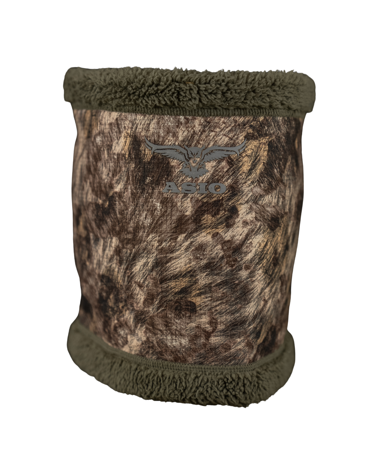 ASIO Gear windproof sherpa fleece neck gaiter in RAPX camo – ultra-soft thermal hunting neck warmer with silent brushed outer fabric and moisture-wicking inner liner, engineered for cold weather concealment and comfort during bowhunting in late season treestand or ground setups.