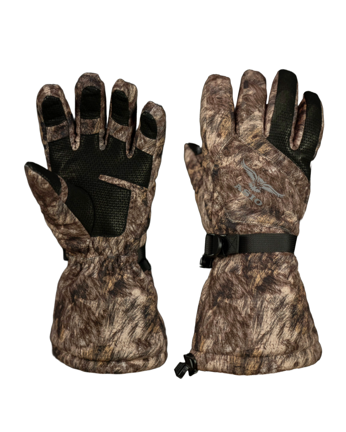 ASIO Gear windproof insulated bowhunting glove in RAPX camo – ultra-warm cold weather hunting glove with extended cuff, adjustable wrist strap, and textured grip palm, designed for extreme late season whitetail hunts from treestand or ground blind with predator-inspired concealment.