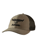 ASIO Gear Brown Trucker Hat with embroidered owl logo, mesh back, and adjustable fit