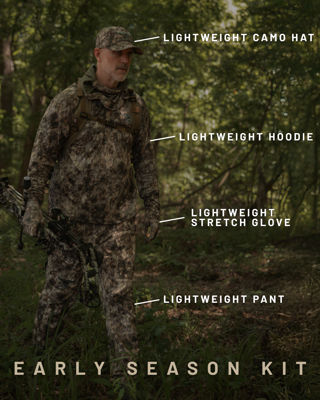 asio gear early season whitetail bow hunting kit. hunter wearing camo walking in woods with kit items listed 