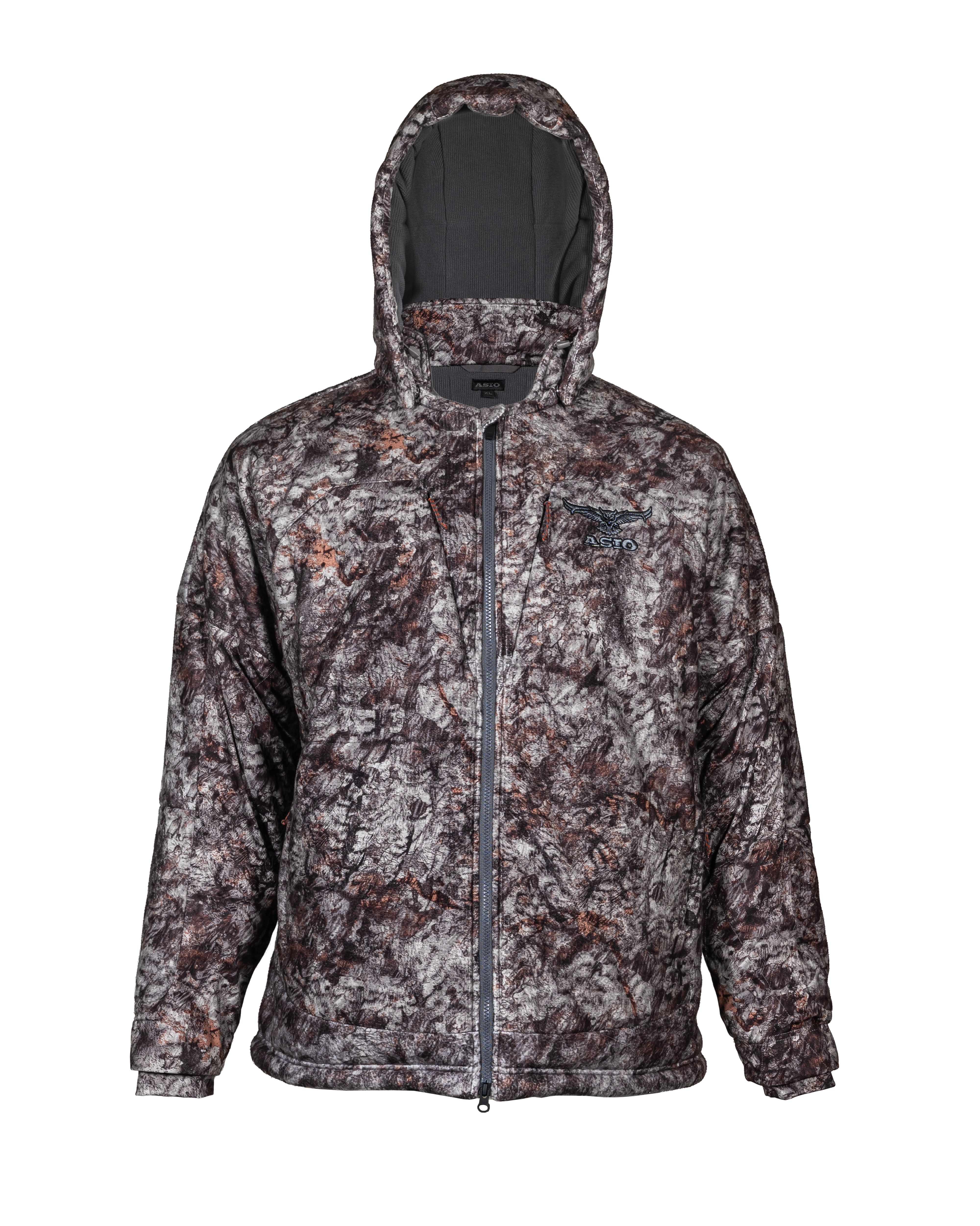 Front view of the ASIO Heavyweight Hooded Jacket in Raptor Camo
