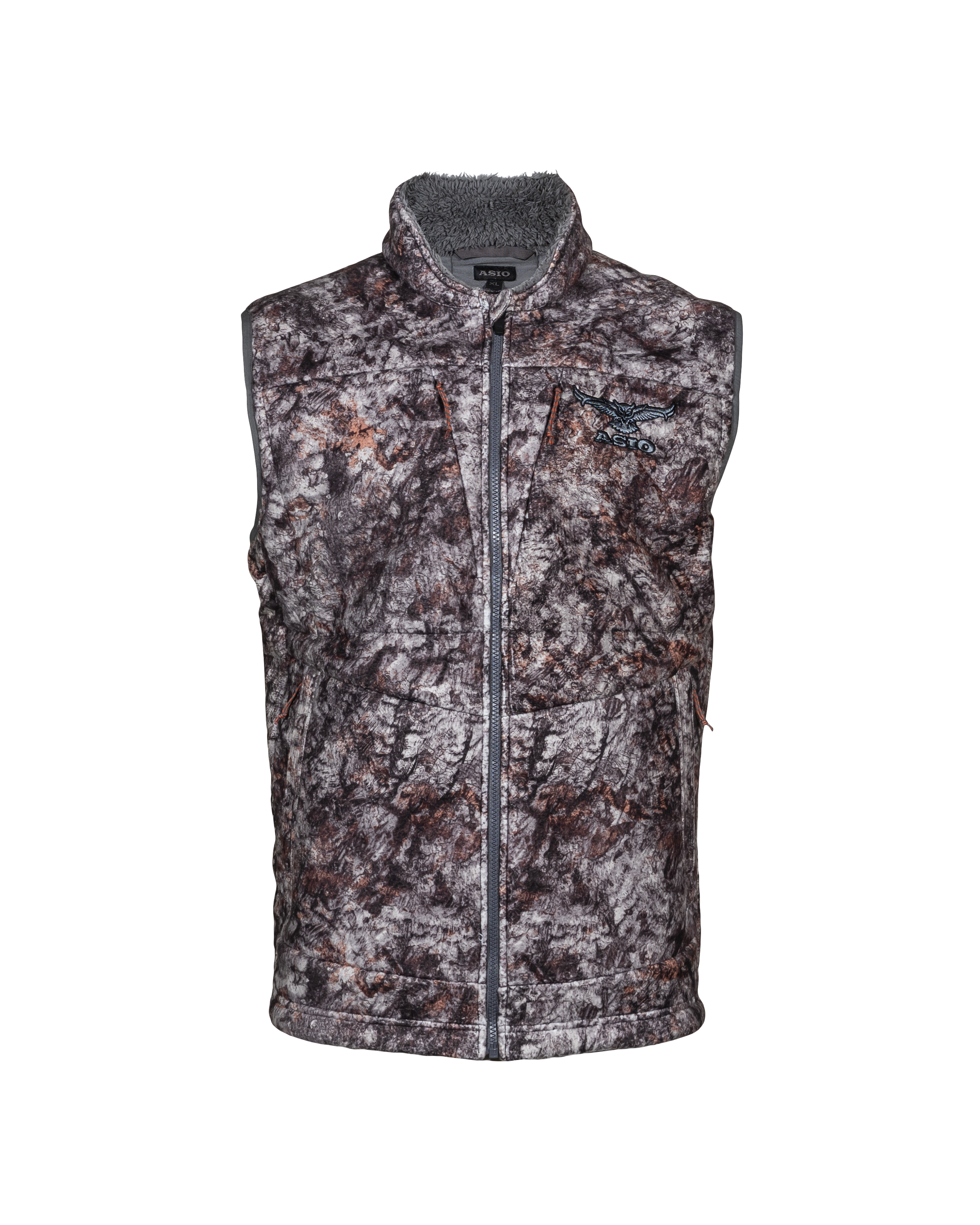 Front view of the ASIO Midweight Core Warmth Vest in Raptor Camo
