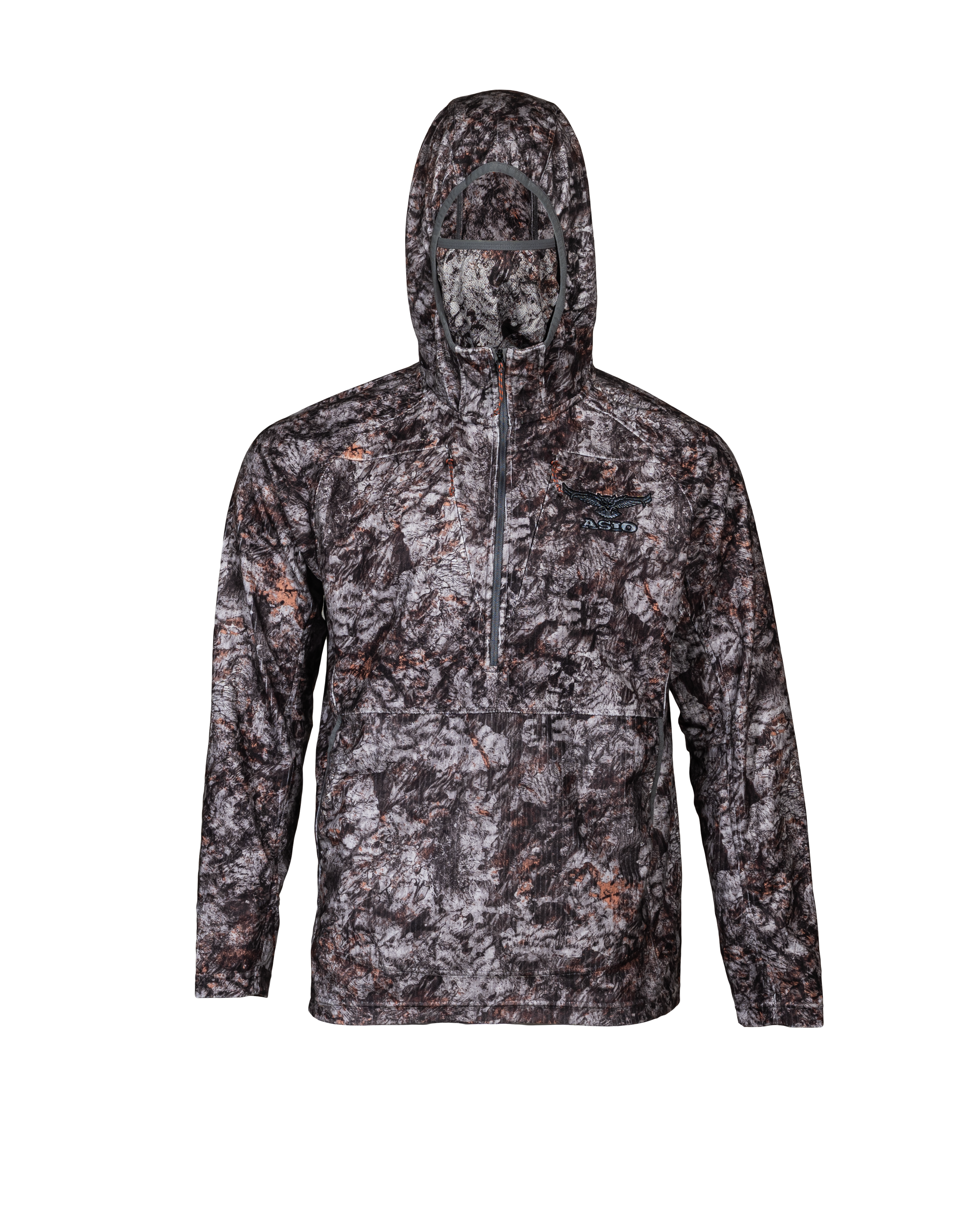 Front view of the ASIO Midweight Hoodie in Raptor Camo