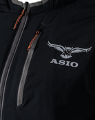 Chest detail of the black reversible side showing the ASIO logo and zipper