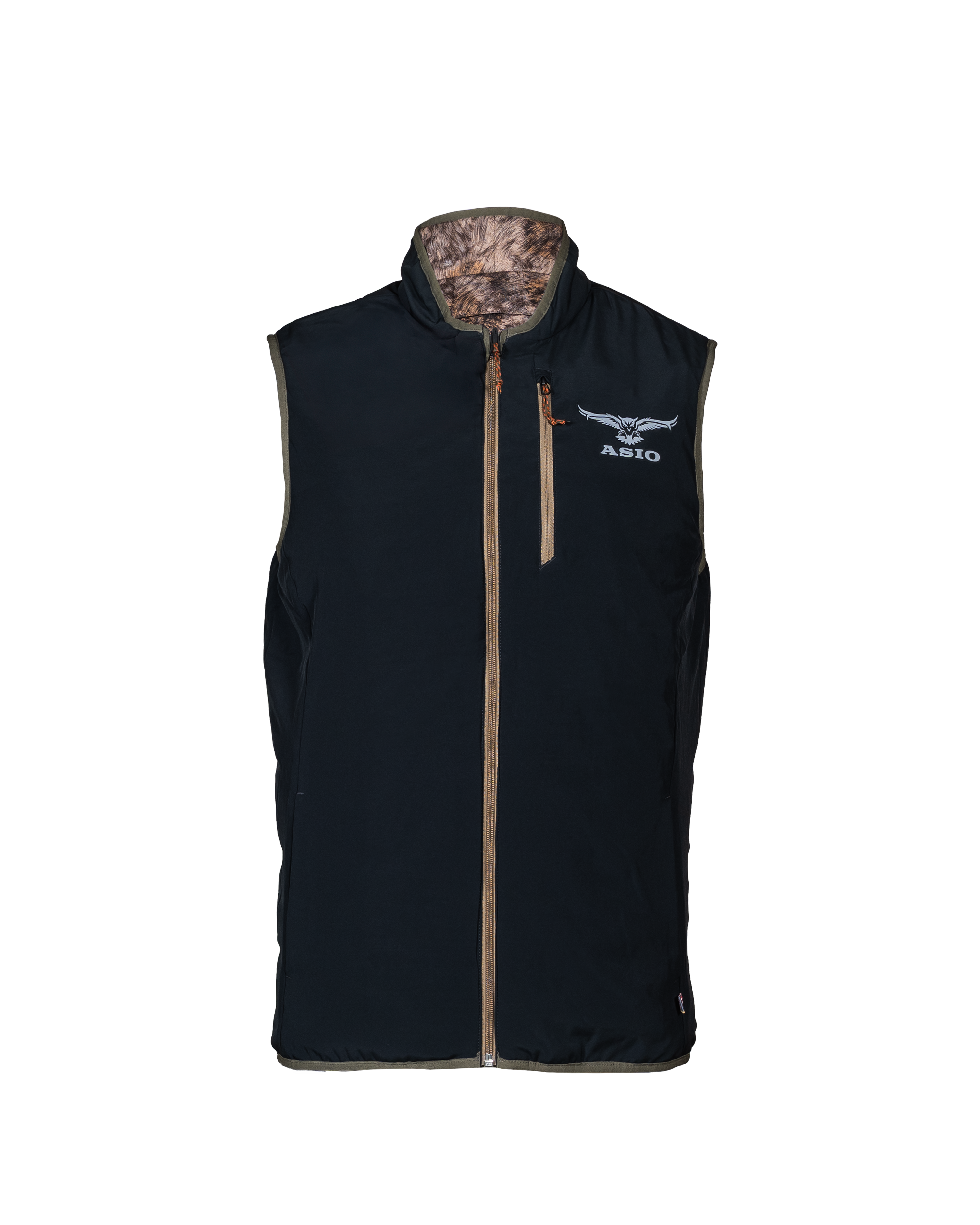 Solid black reversible side of the RAPX Midweight Puffy Vest with camo collar