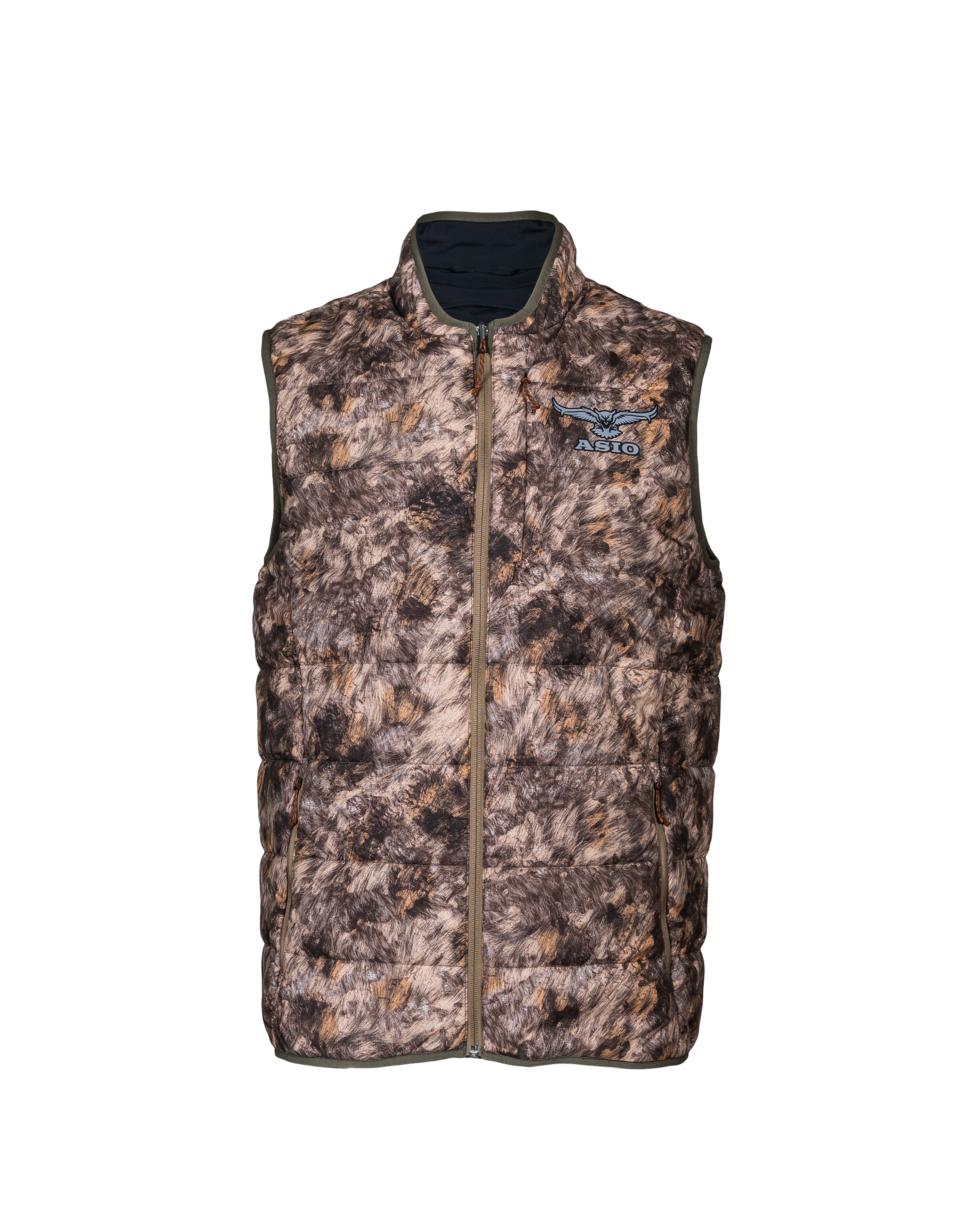 Front view of the ASIO Midweight Puffy Vest in RAPX Camo