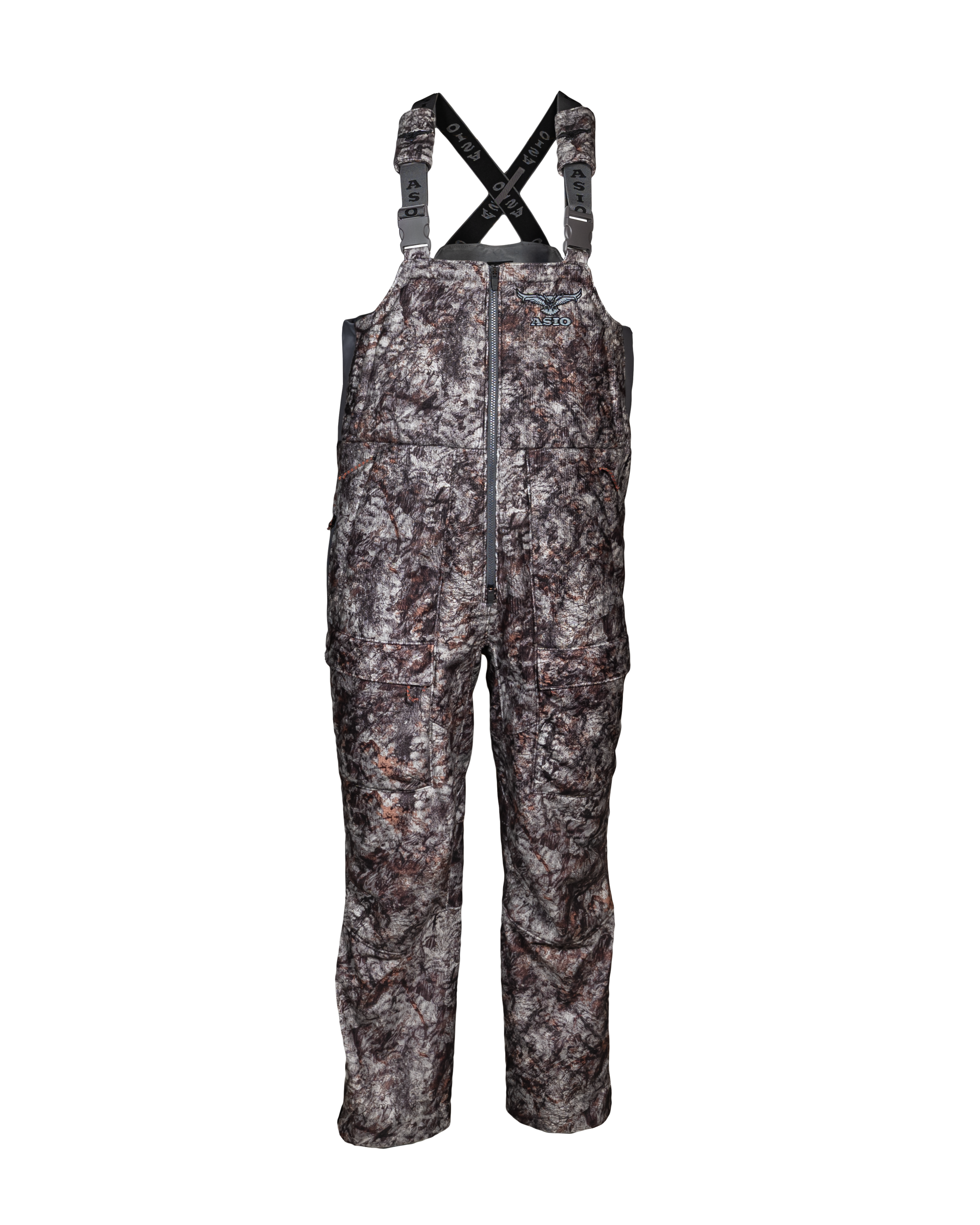 Front view of the ASIO Midweight Sherpa Bib in Raptor Camo