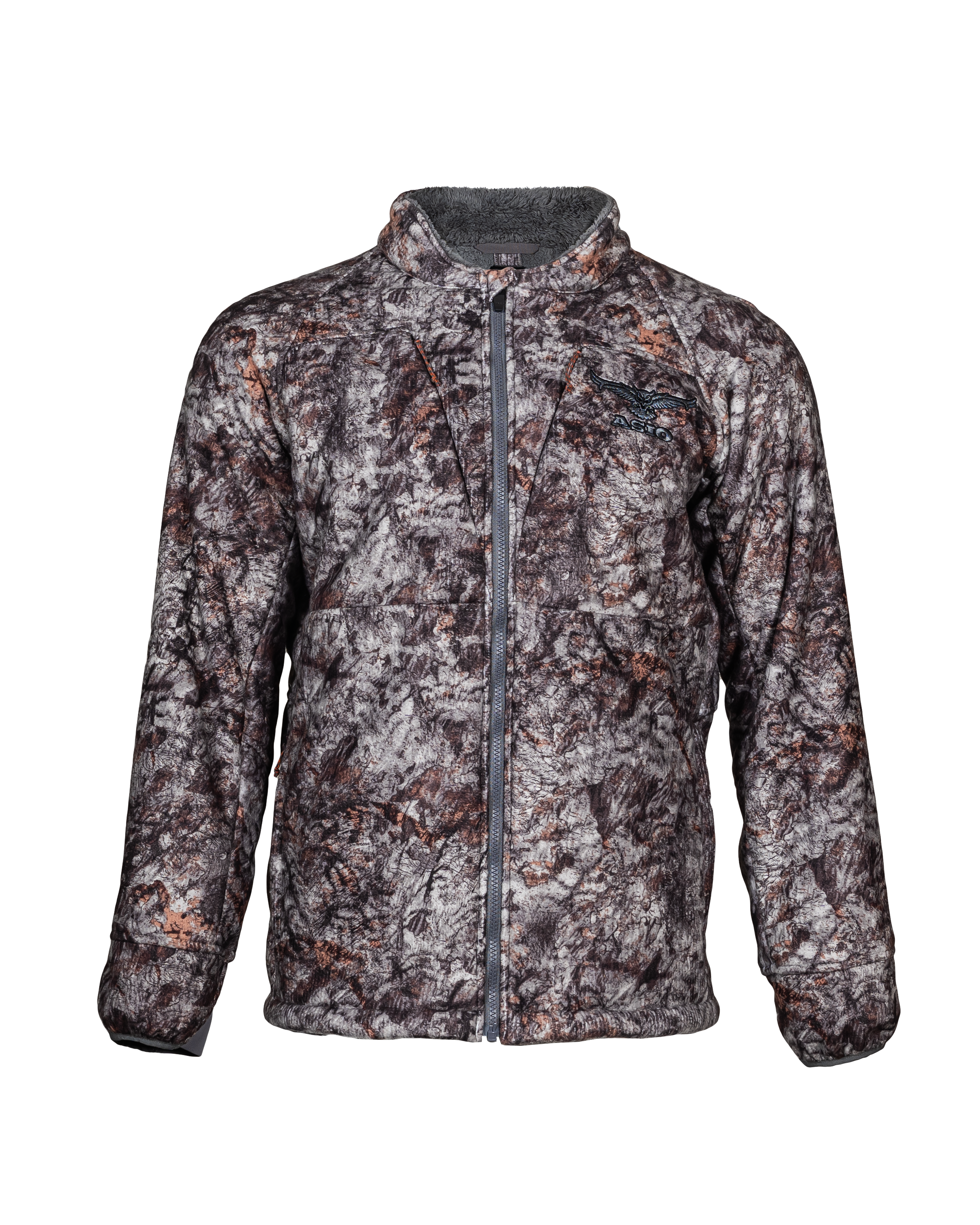Front view of the ASIO Midweight Sherpa Jacket in Raptor Camo