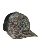 ASIO Gear raptor camo trucker-style bowhunting hat – breathable mesh-back camo cap with structured front, curved brim, and embroidered ASIO logo, ideal for casual wear or early season hunts with ventilation and predator-inspired concealment.