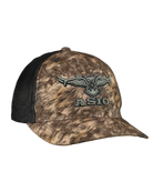 ASIO Gear RAPX camo trucker-style bowhunting hat – breathable mesh-back camo cap with structured front, curved brim, and embroidered ASIO logo, ideal for casual wear or early season hunts with ventilation and predator-inspired concealment.
